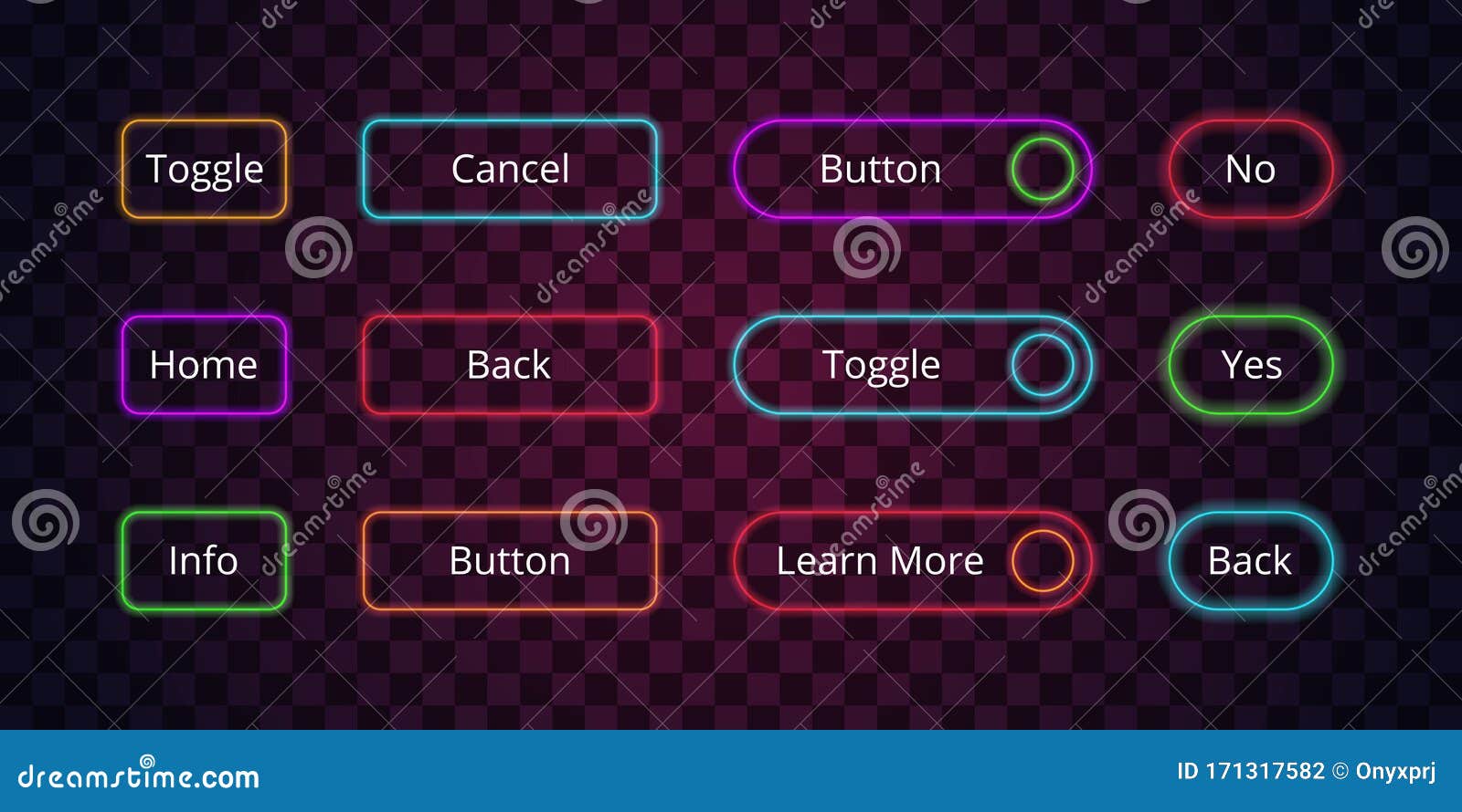 Neon Buttons. Glow Web Entering Click Lighting Buttons Digital Badges ...