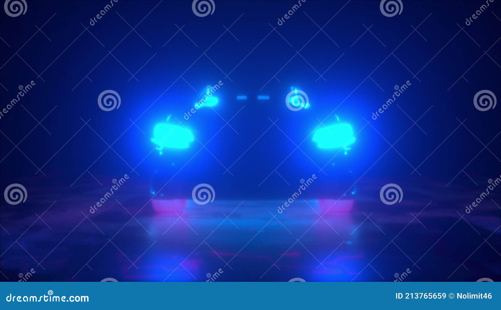 Neon Car with Bright Headlights in the Dark, Computer Generated. 3d Rendering Modern Background