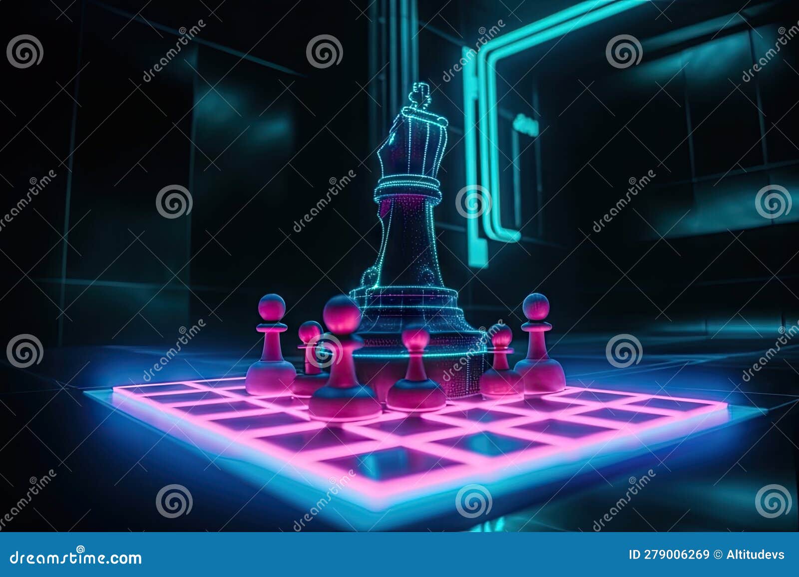neon chess piece landing on checkmate position in futuristic, sci-fi setting