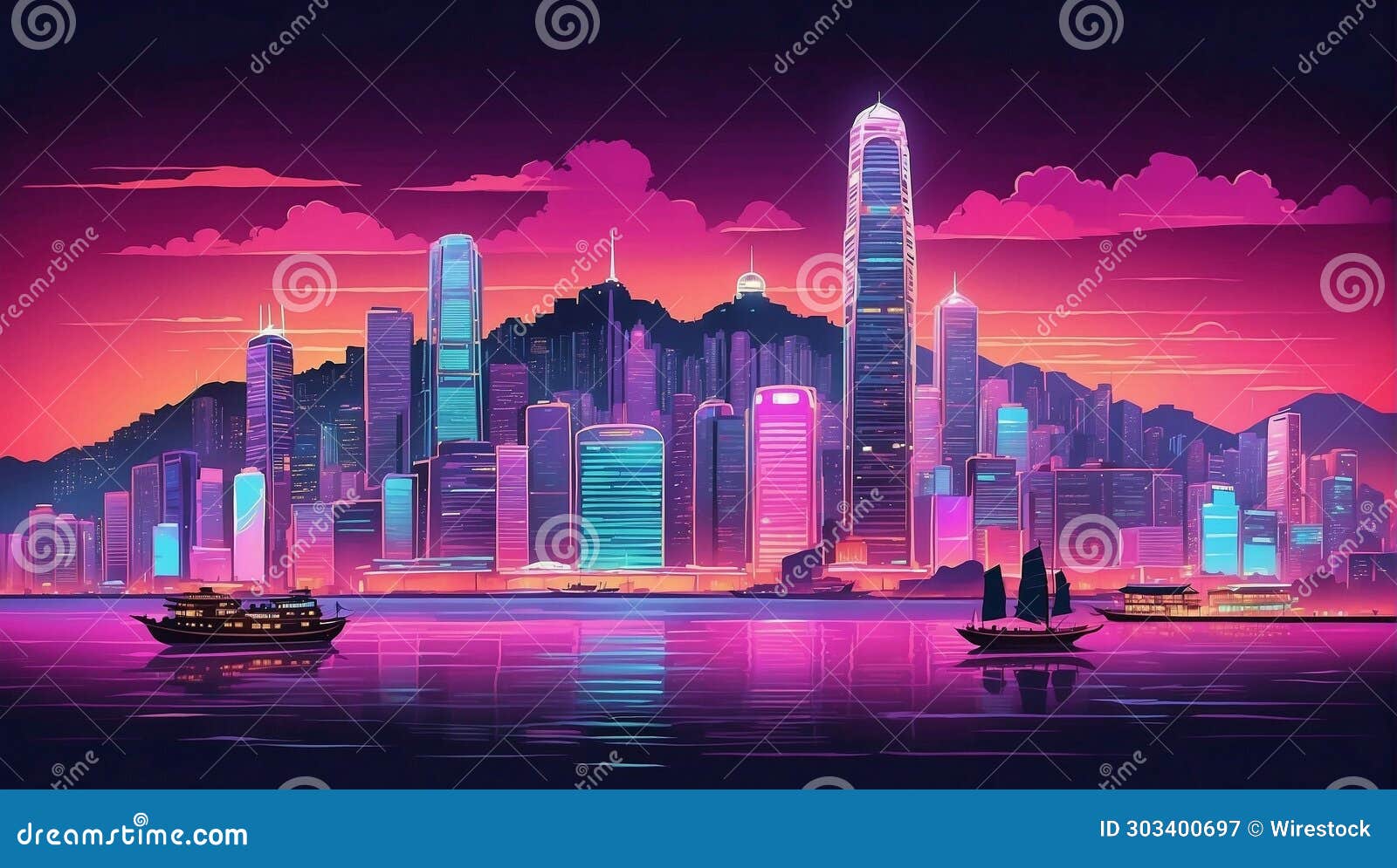 neon cityscape, retro hong kong skyline