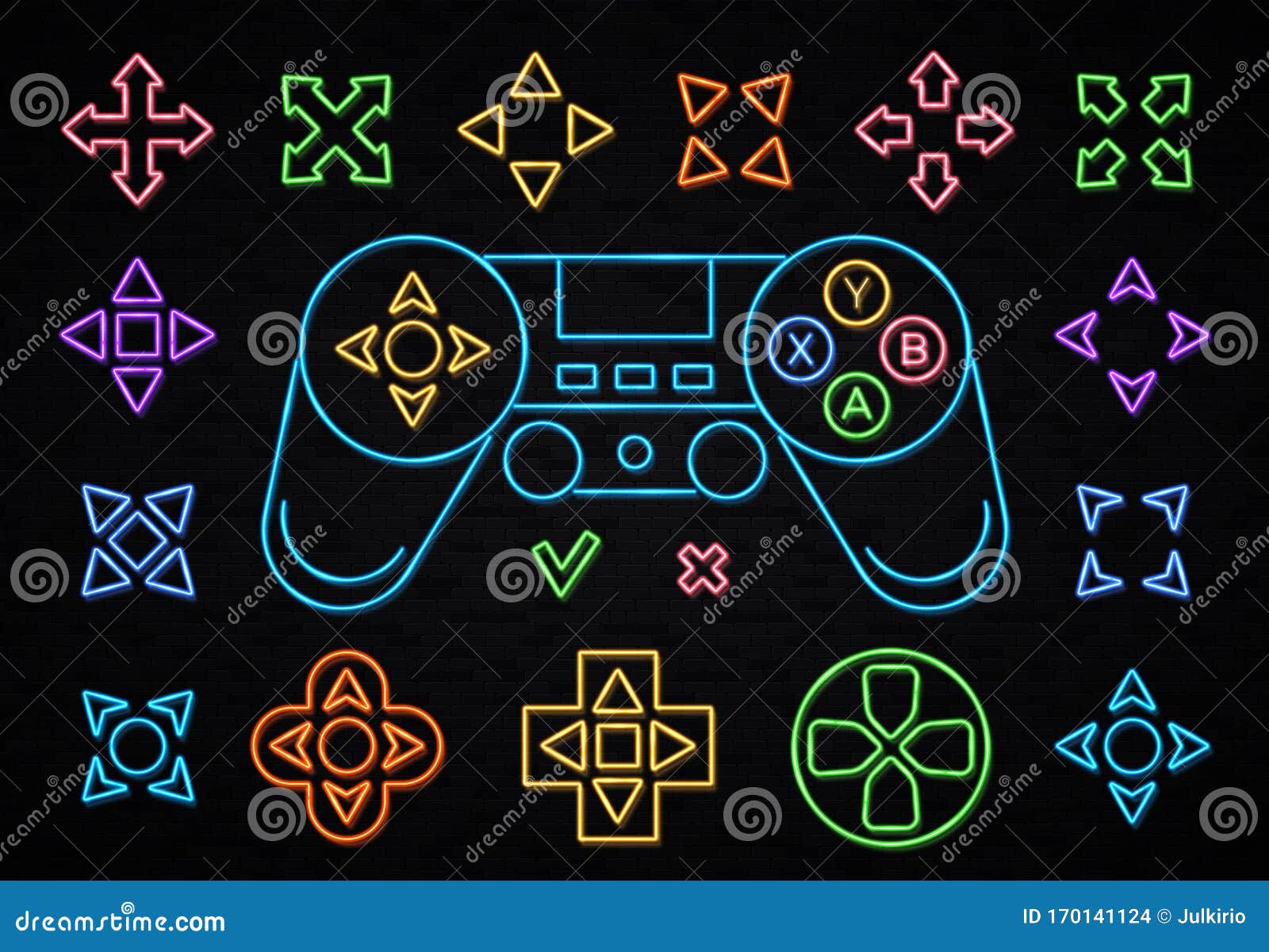 Neon Color Joystick Icon Set Isolated on Black Background. Wireless Gamepad  Sign Neon Outlines. Play Game Light Design Stock Illustration -  Illustration of internet, arrow: 170141124