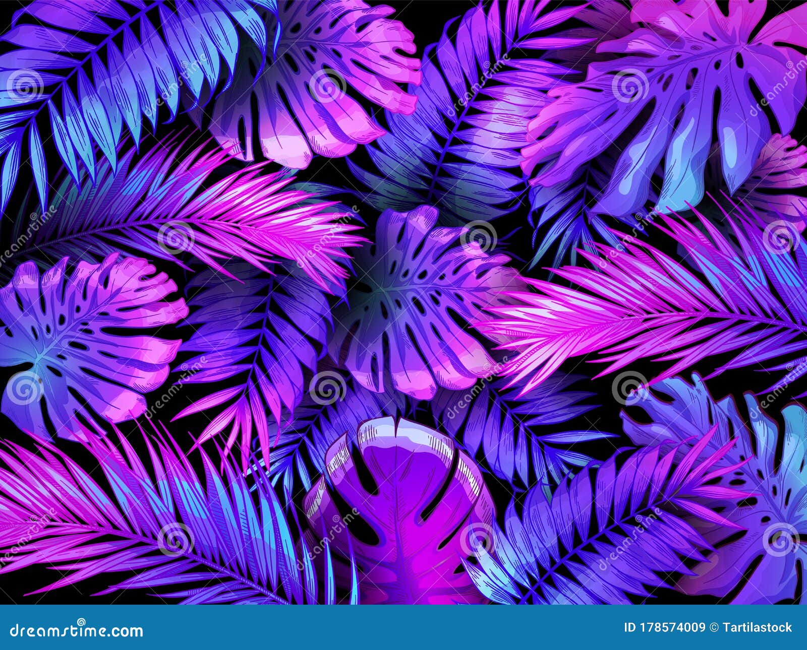neon color tropical leaves. trendy colorful palm tree leaf, jungle background and purple exotic plants leaves 