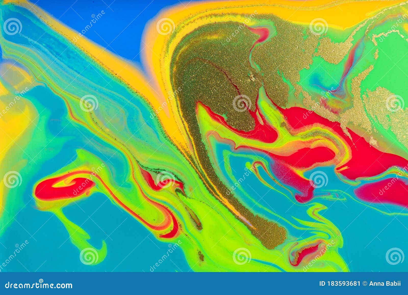 Neon Colored Marble Pattern with Golden Glitter. Fluorescent Liquid