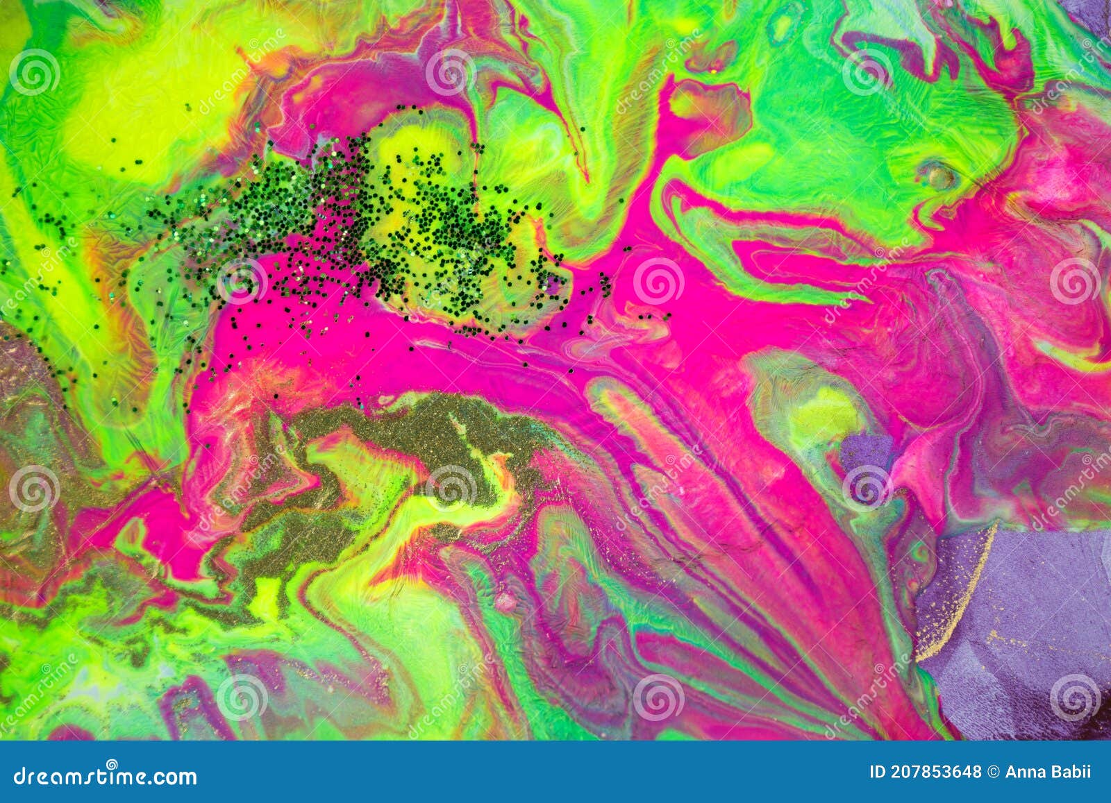 Neon Colored Marble Pattern with Golden Glitter. Fluorescent Liquid