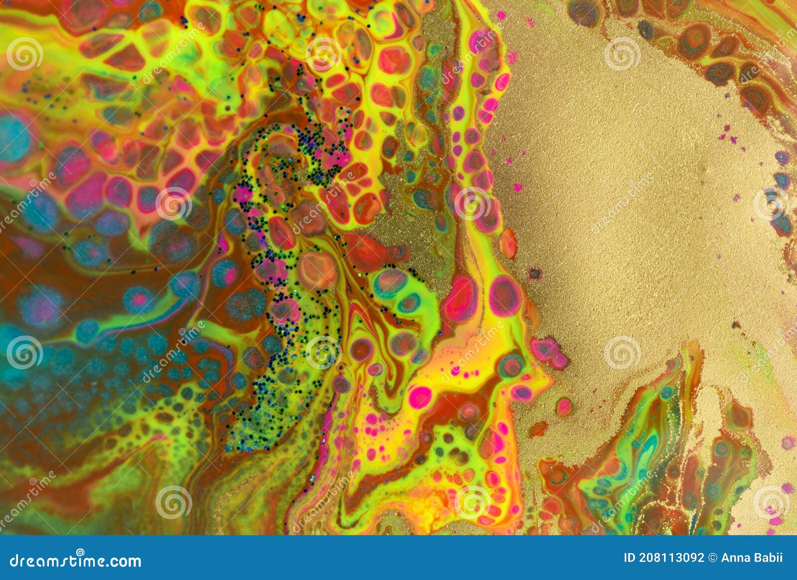 Neon Colored Marble Pattern with Golden Glitter. Fluorescent Liquid