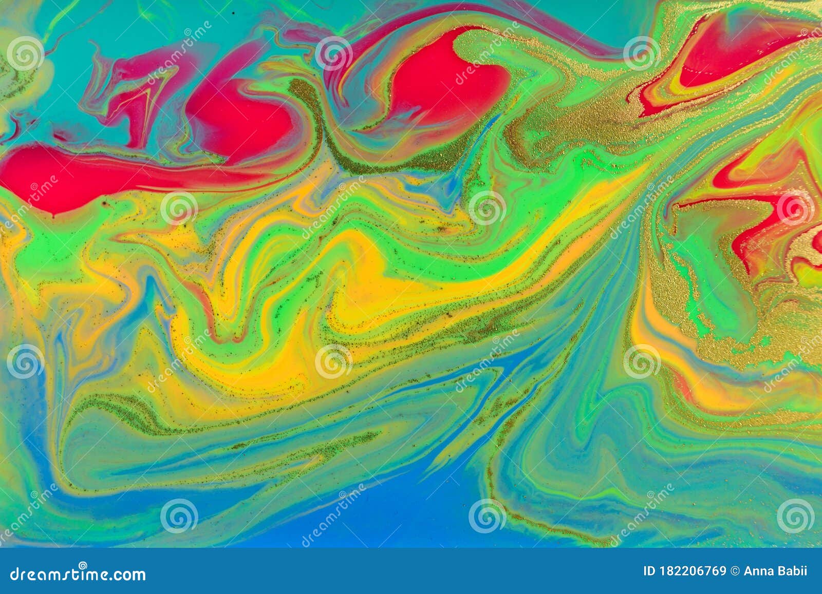Neon Colored Marble Pattern with Golden Glitter. Fluorescent Liquid