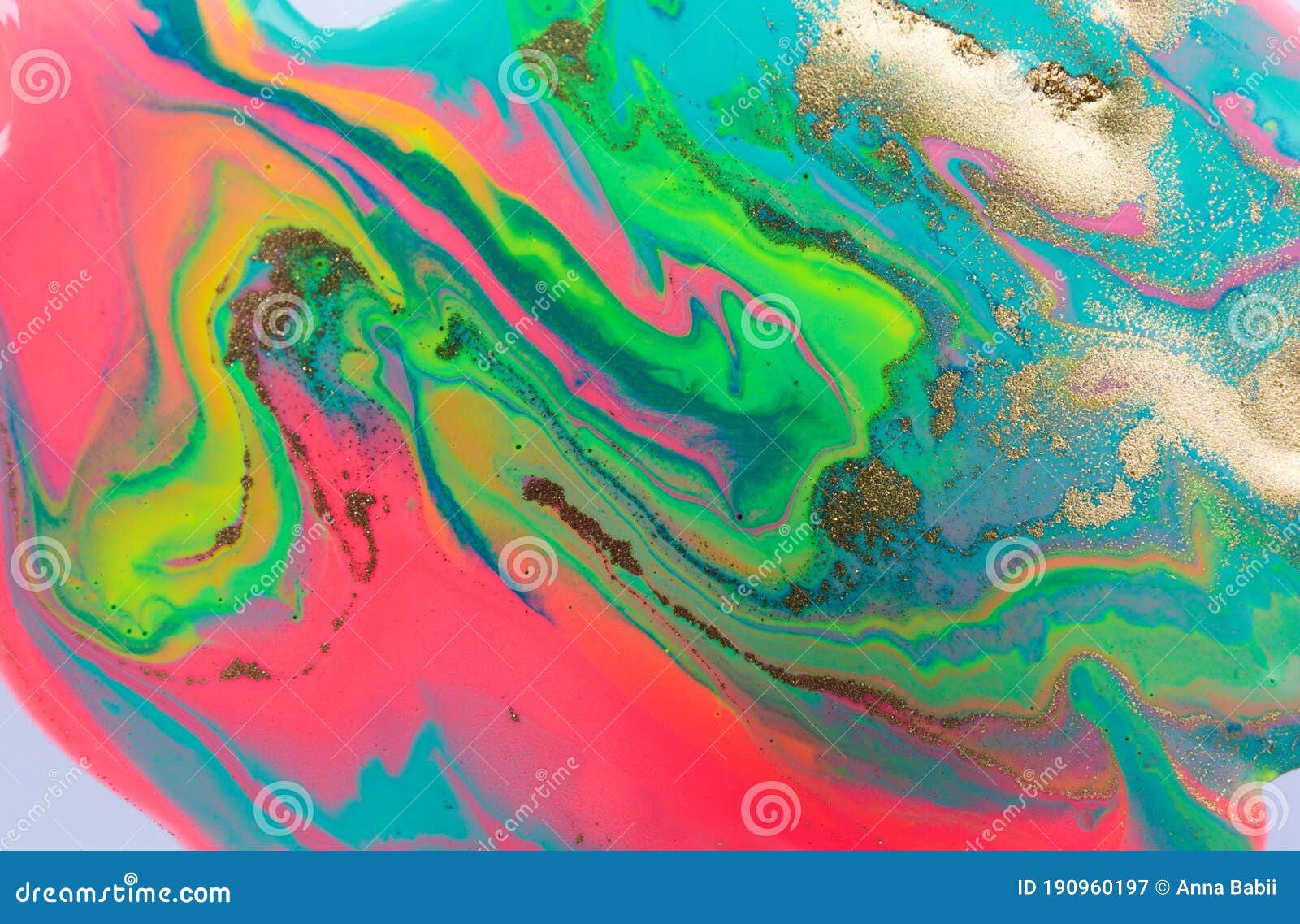 Neon Colored Marble Pattern with Golden Glitter. Fluorescent Liquid Background. Artwork Abstract