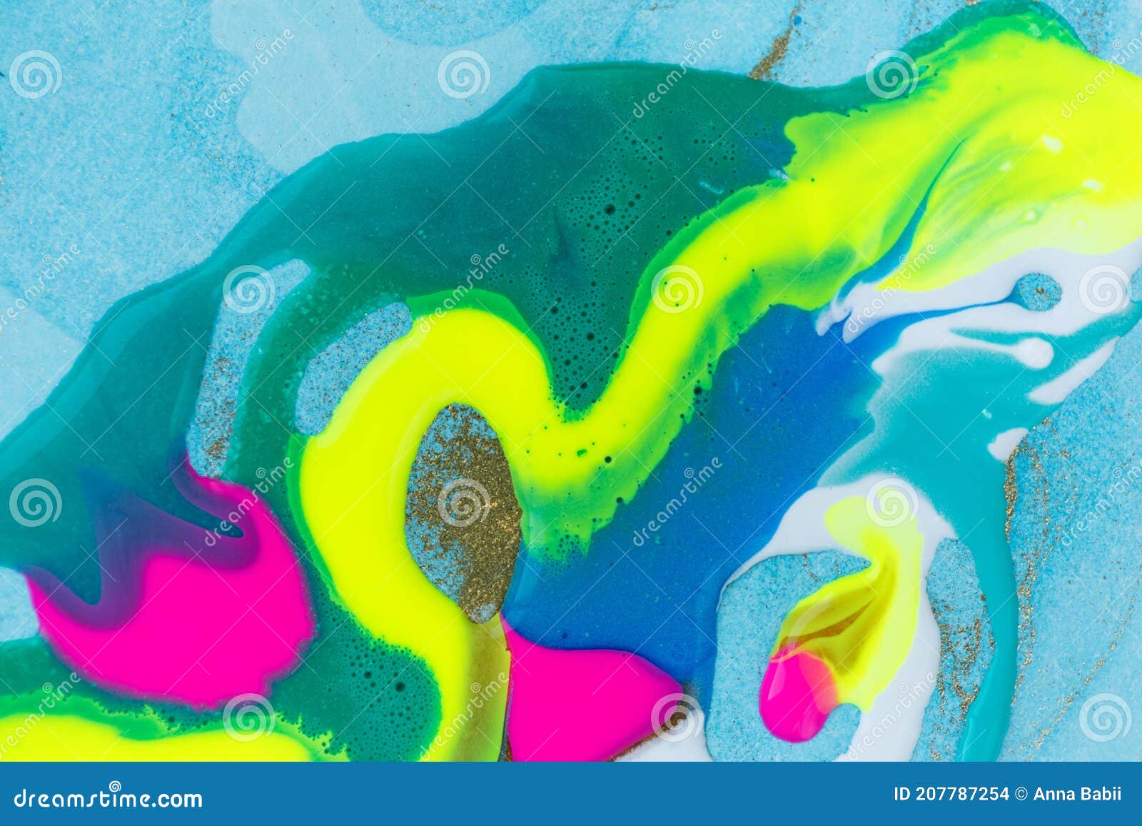 Neon Colored Marble Pattern with Golden Glitter. Fluorescent Liquid