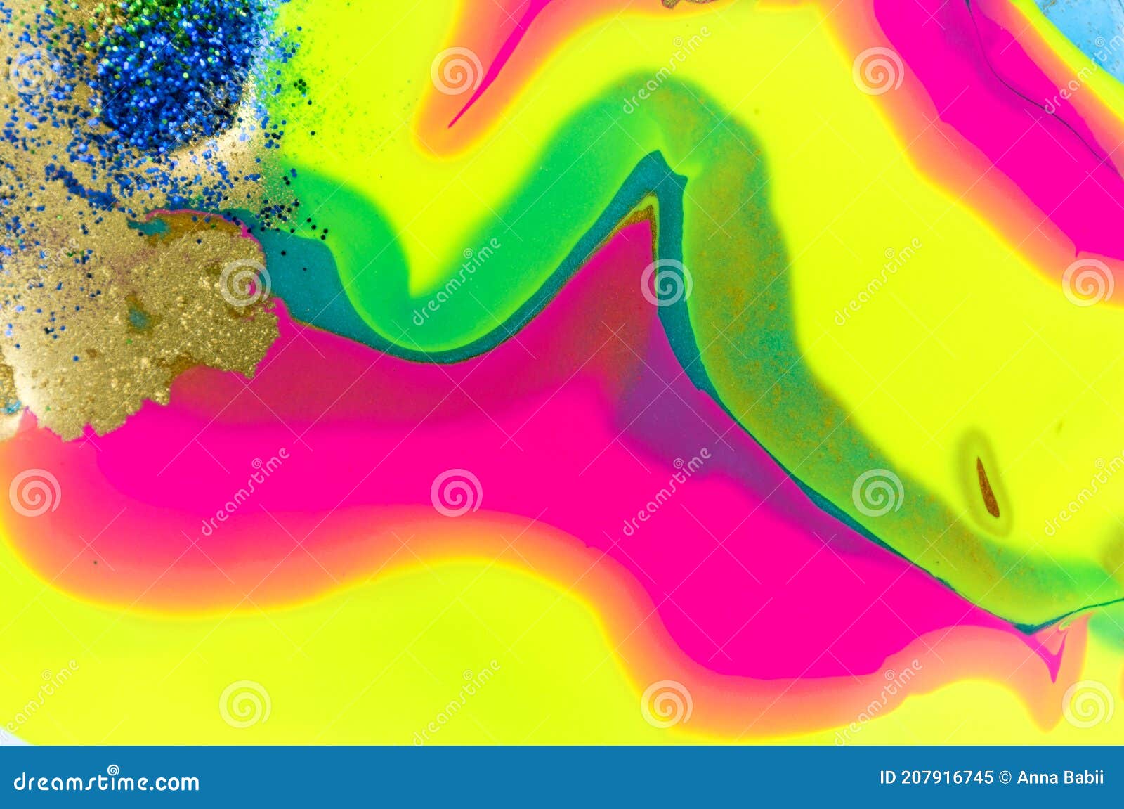 Neon Colored Marble Pattern with Golden Glitter. Fluorescent Liquid