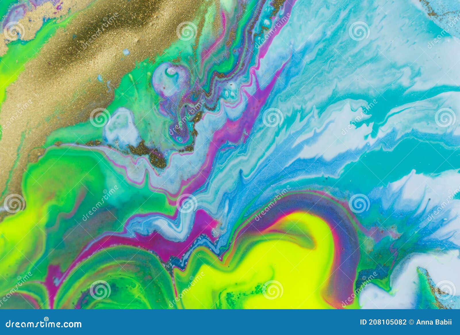 Neon Colored Marble Pattern with Golden Glitter. Fluorescent Liquid