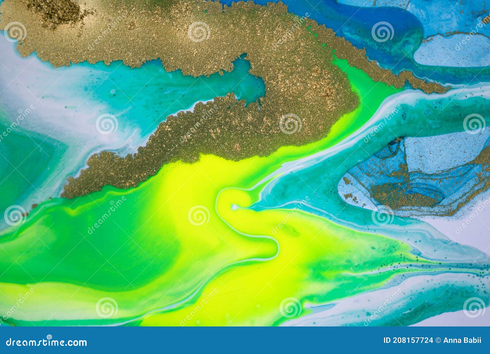 Neon Colored Marble Pattern with Golden Glitter. Fluorescent Liquid