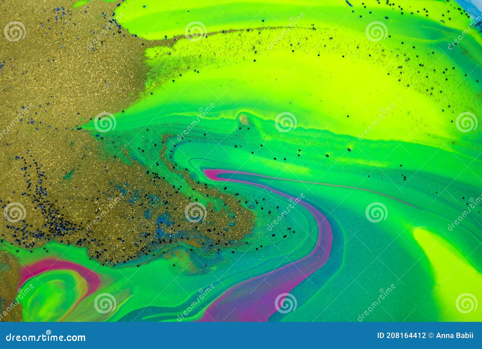 Neon Colored Marble Pattern with Golden Glitter. Fluorescent Liquid