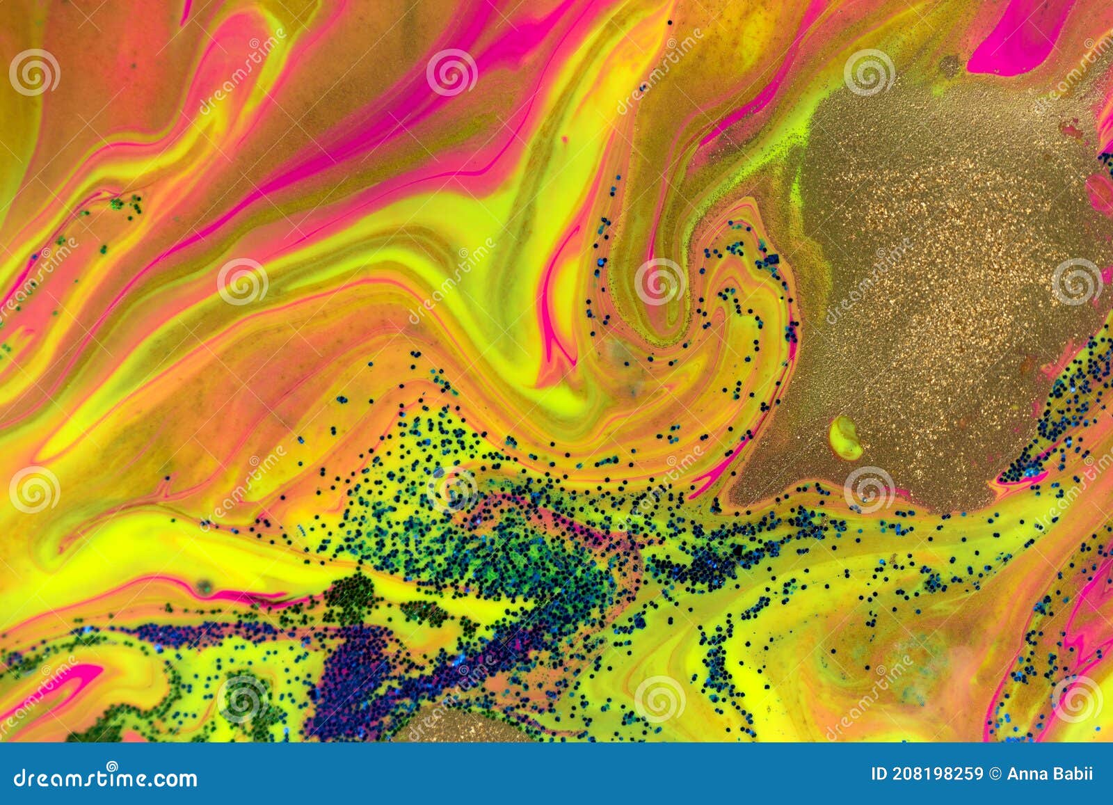 Neon Colored Marble Pattern with Golden Glitter. Fluorescent Liquid