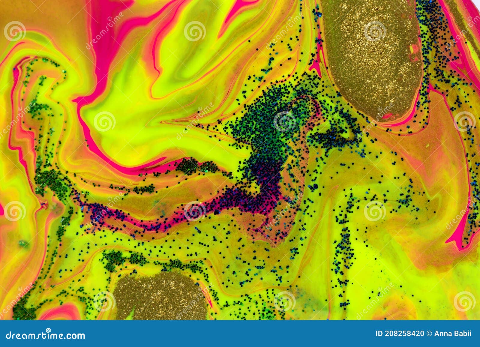 Neon Colored Marble Pattern with Golden Glitter. Fluorescent Liquid