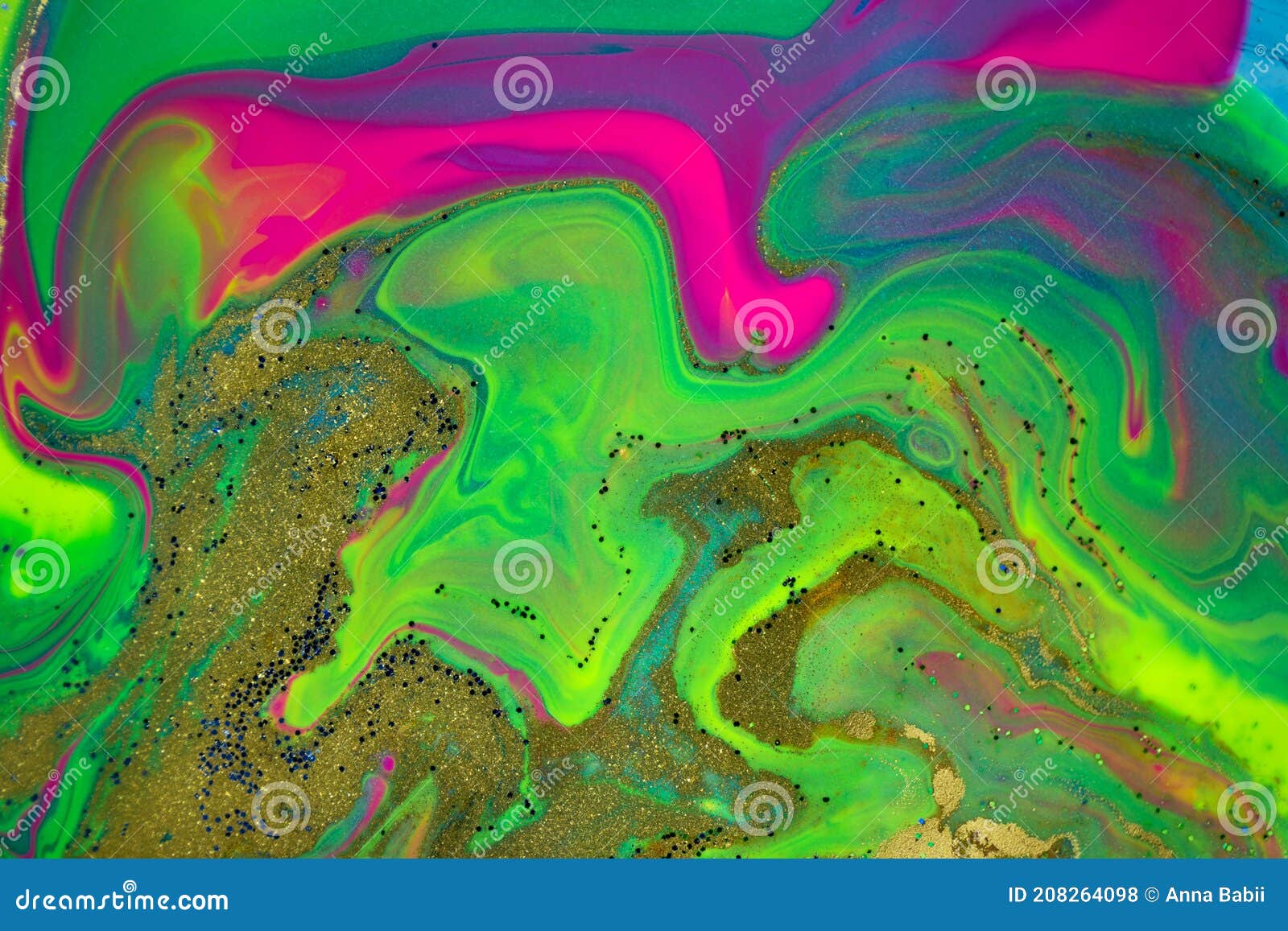 Neon Colored Marble Pattern with Golden Glitter. Fluorescent Liquid