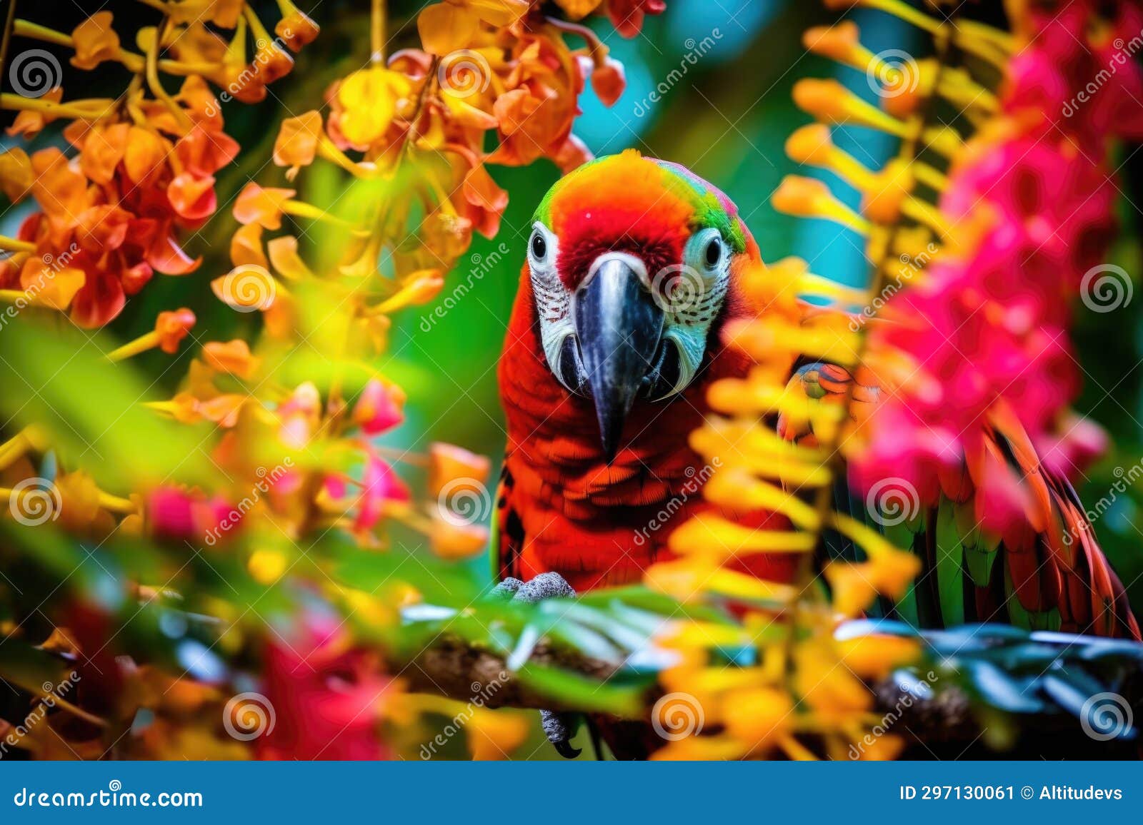 Neoncolored Parrot Blending in with Jungle Flowers Stock Image Image