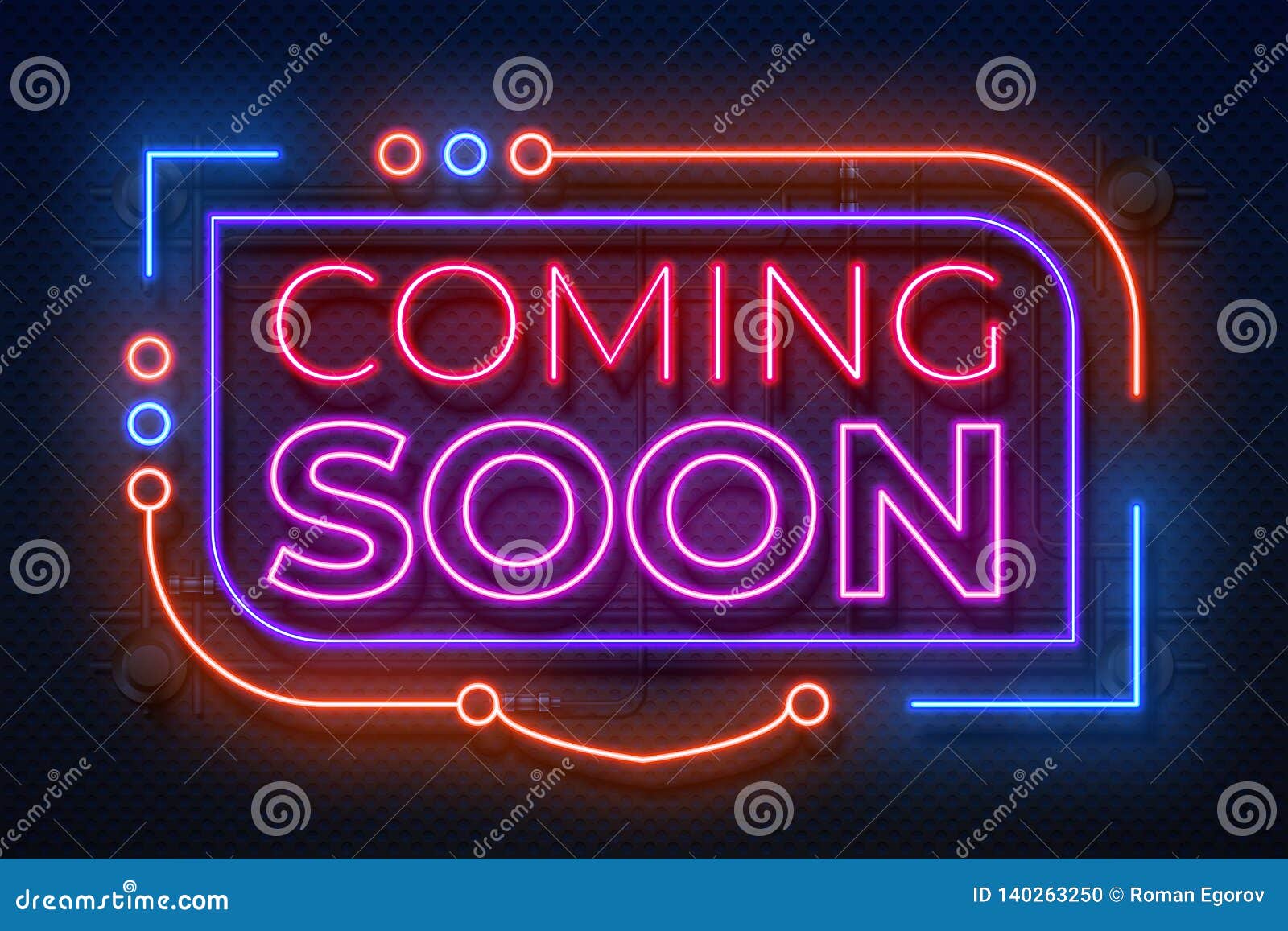 neon coming soon sign. film announce badge, new shop promotion glowing , neon light banner.  coming soon