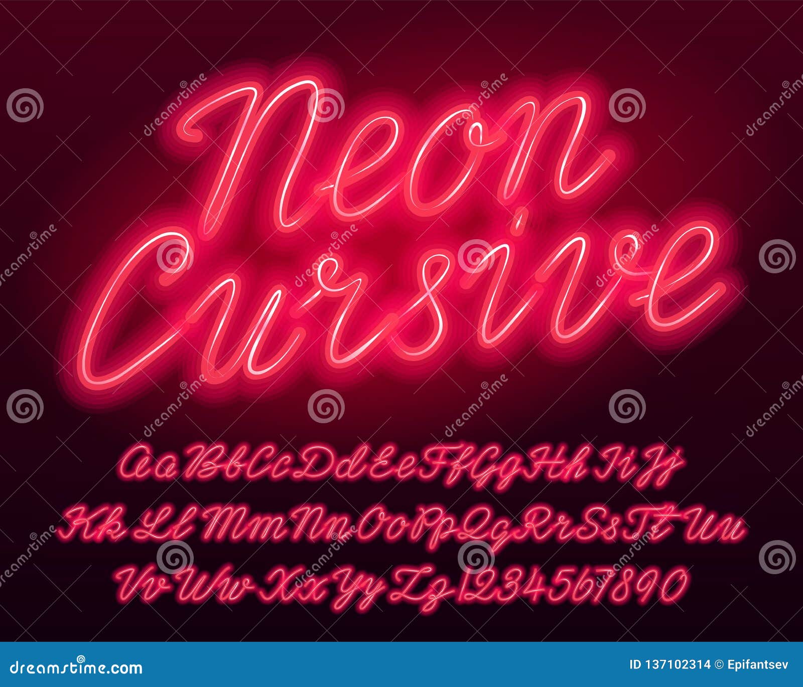 neon cursive alphabet font. red color lowercase and uppercase bright letters and numbers.