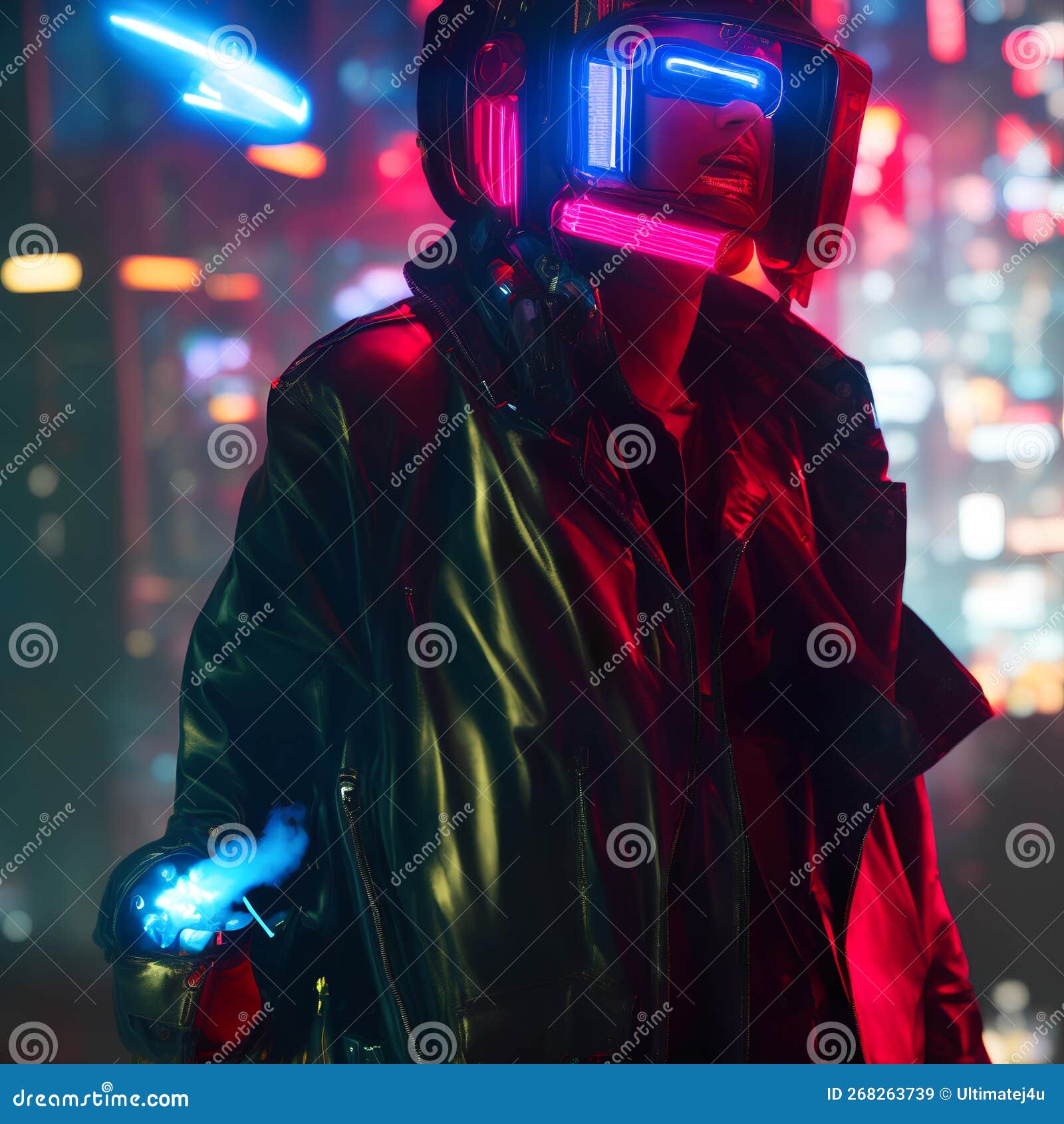 Neon Cyberpunk Black Hooded Character Red Neon Eyes Background Ai