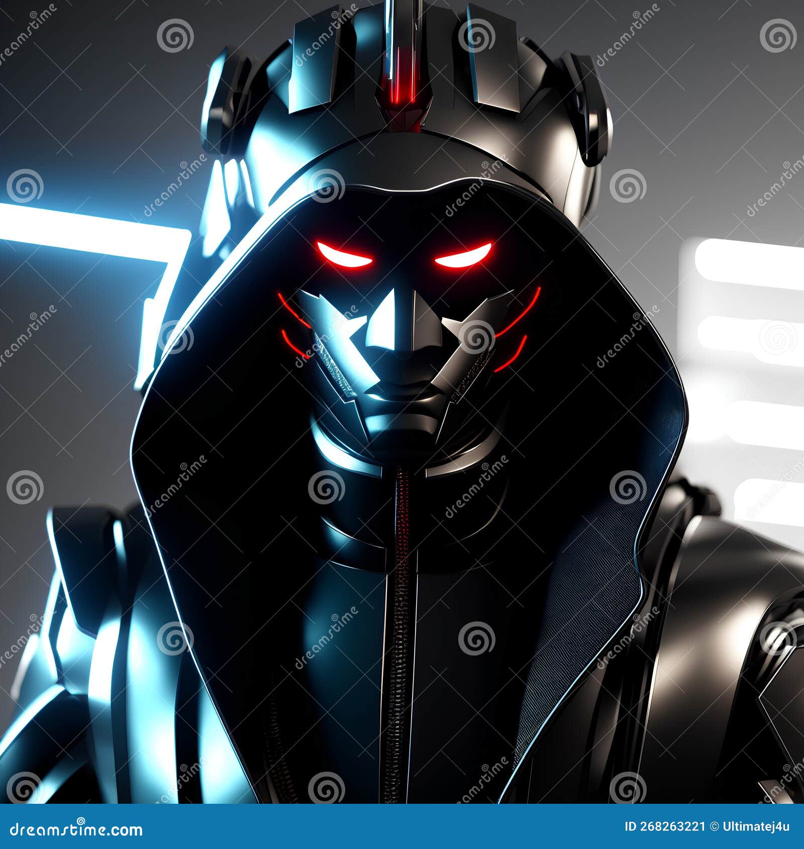 Neon Cyberpunk Black Hooded Character Red Neon Eyes Background Ai