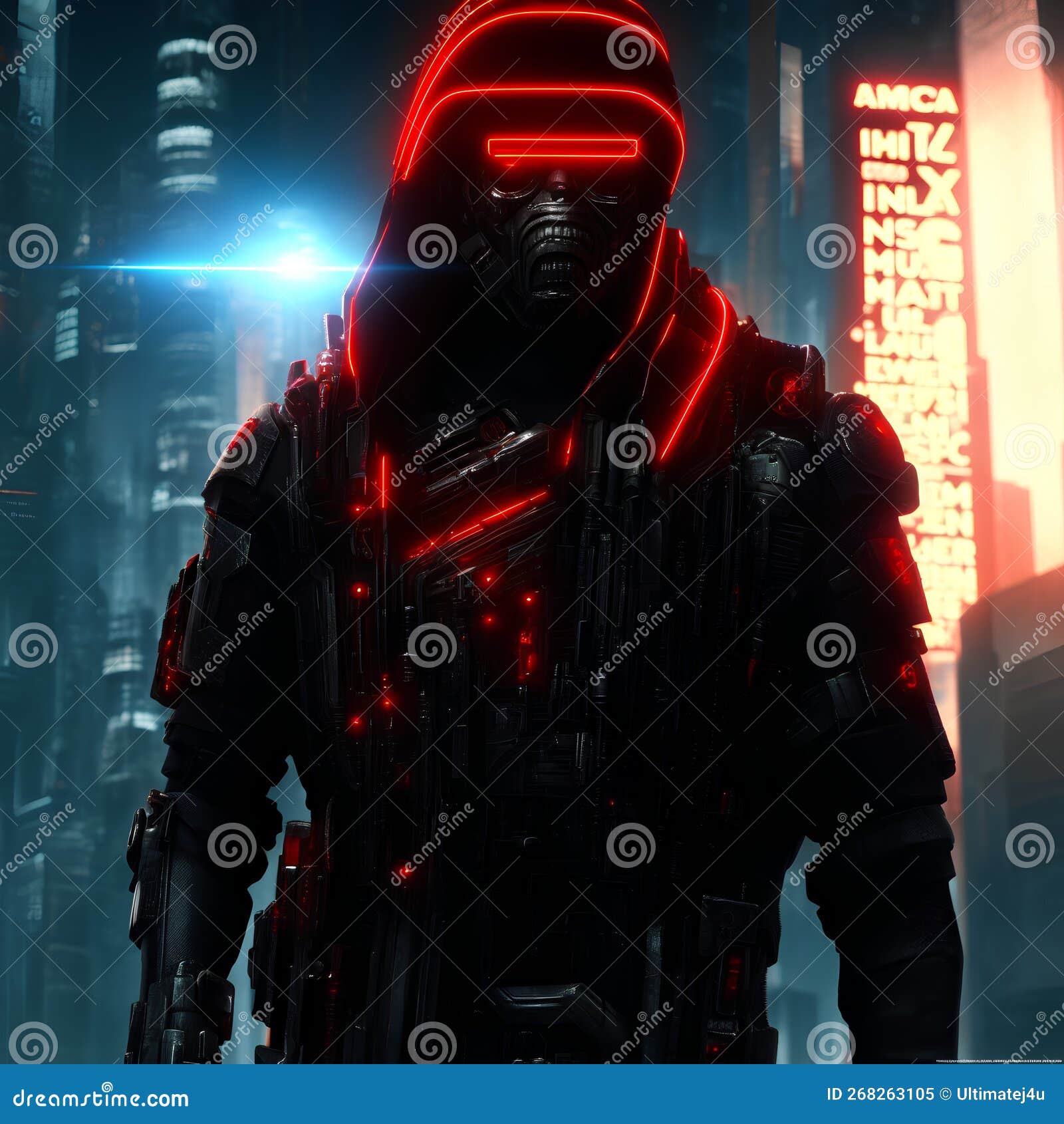 neon cyberpunk ninja mask black hoodie wearing gold geometric buildings in jacket  background ai generative art