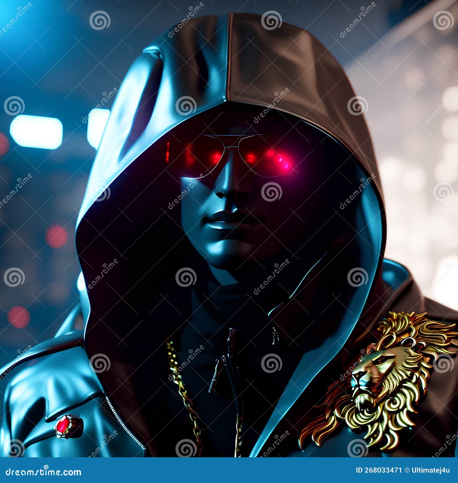 neon cyberpunk ninja black hoodie wearing gold geometric lion in jacket  background ai generative art