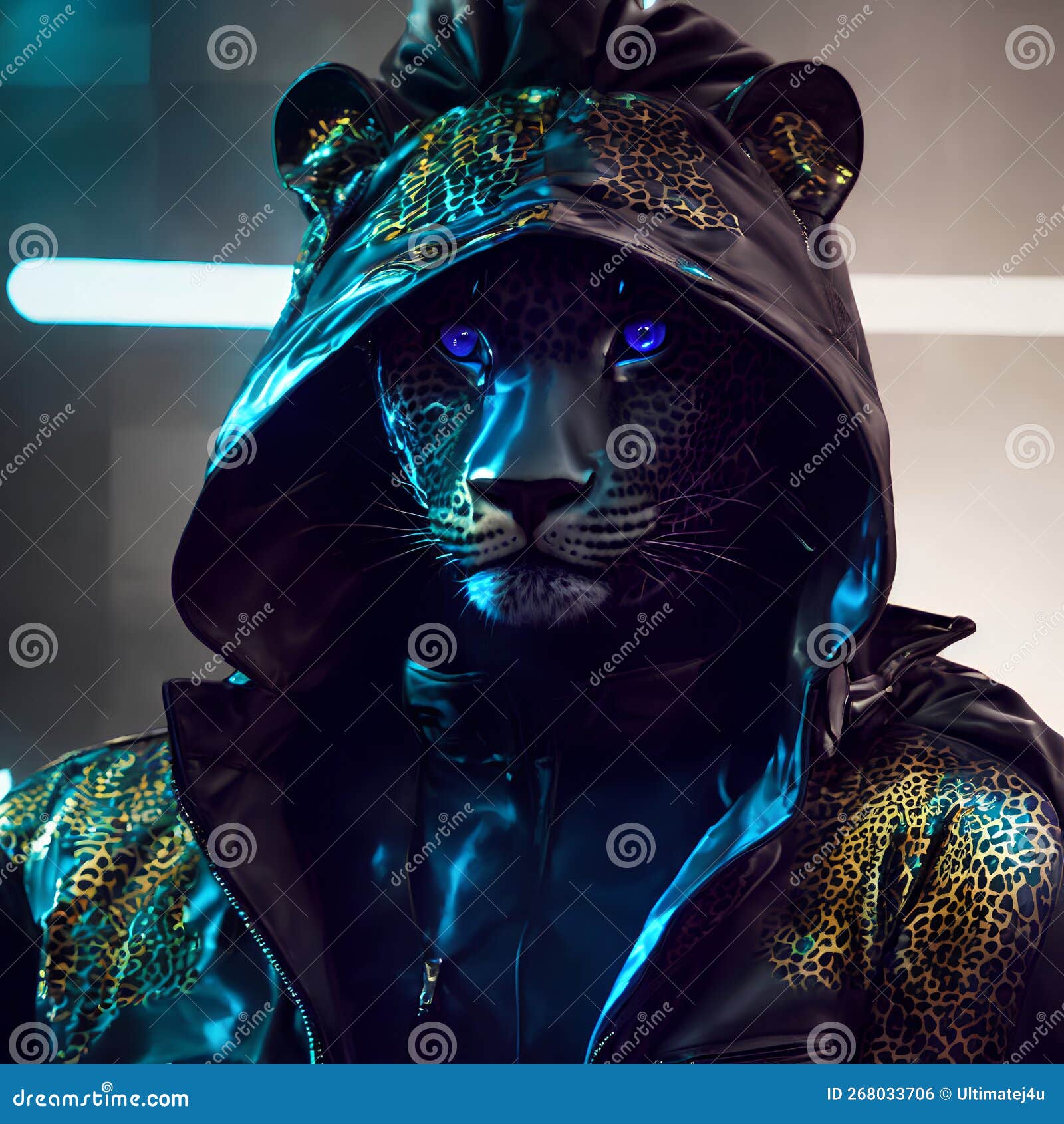 neon cyberpunk ninja black hoodie wearing gold geometric lion in jacket  background ai generative art