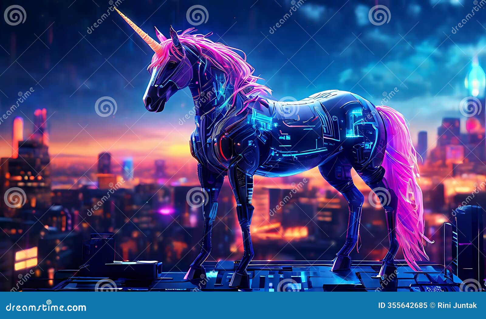 a neon cyberpunk unicorn with glowing circuit patterns on its body.