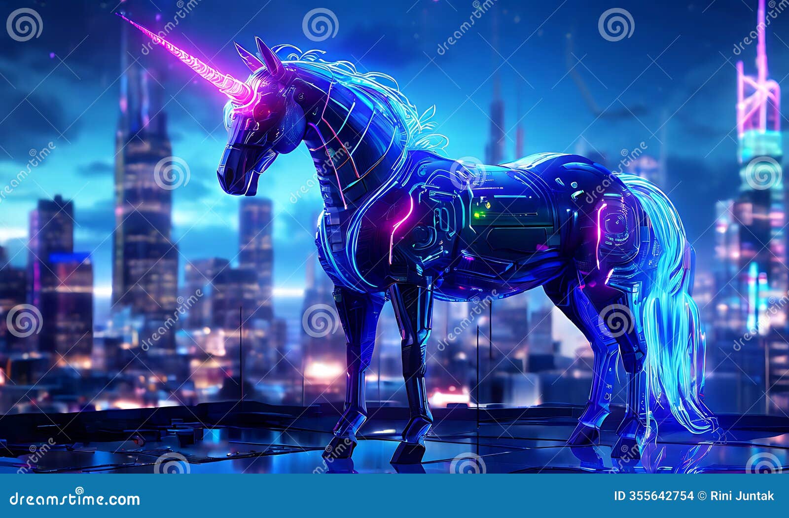 a neon cyberpunk unicorn with glowing circuit patterns on its body.