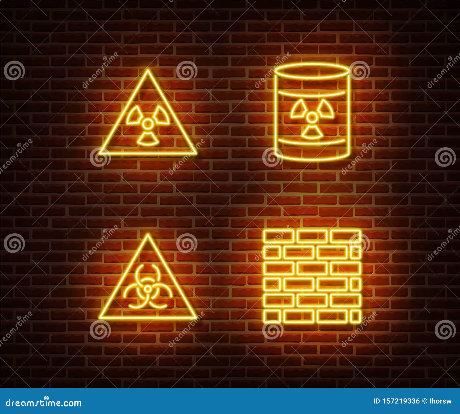 Neon Dangerous Signs Vector Isolated On Brick Wall Radiation Atom