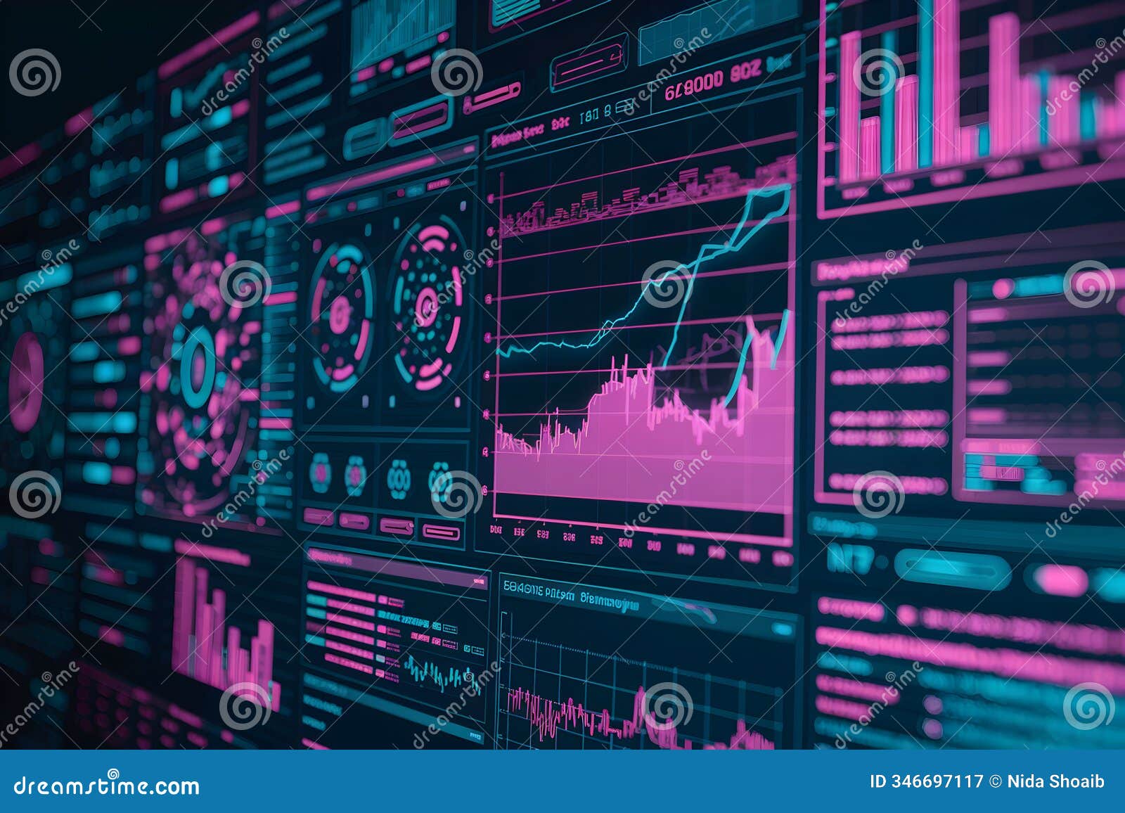 neon display screen with data charts, futuristic s, and tech-driven interface.