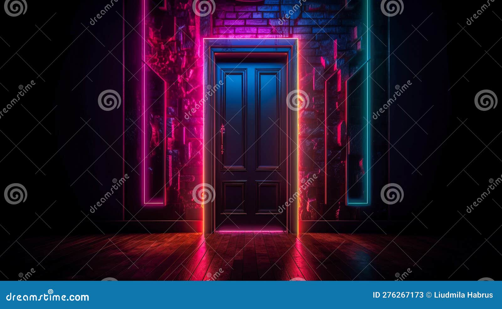 Neon Door in a Dark Room with Neon Lights. Generative AI Stock