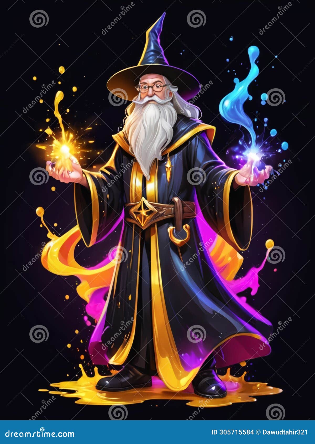neon enchantment vibrant wizardry in cartoon splash art with bold gold and black accents