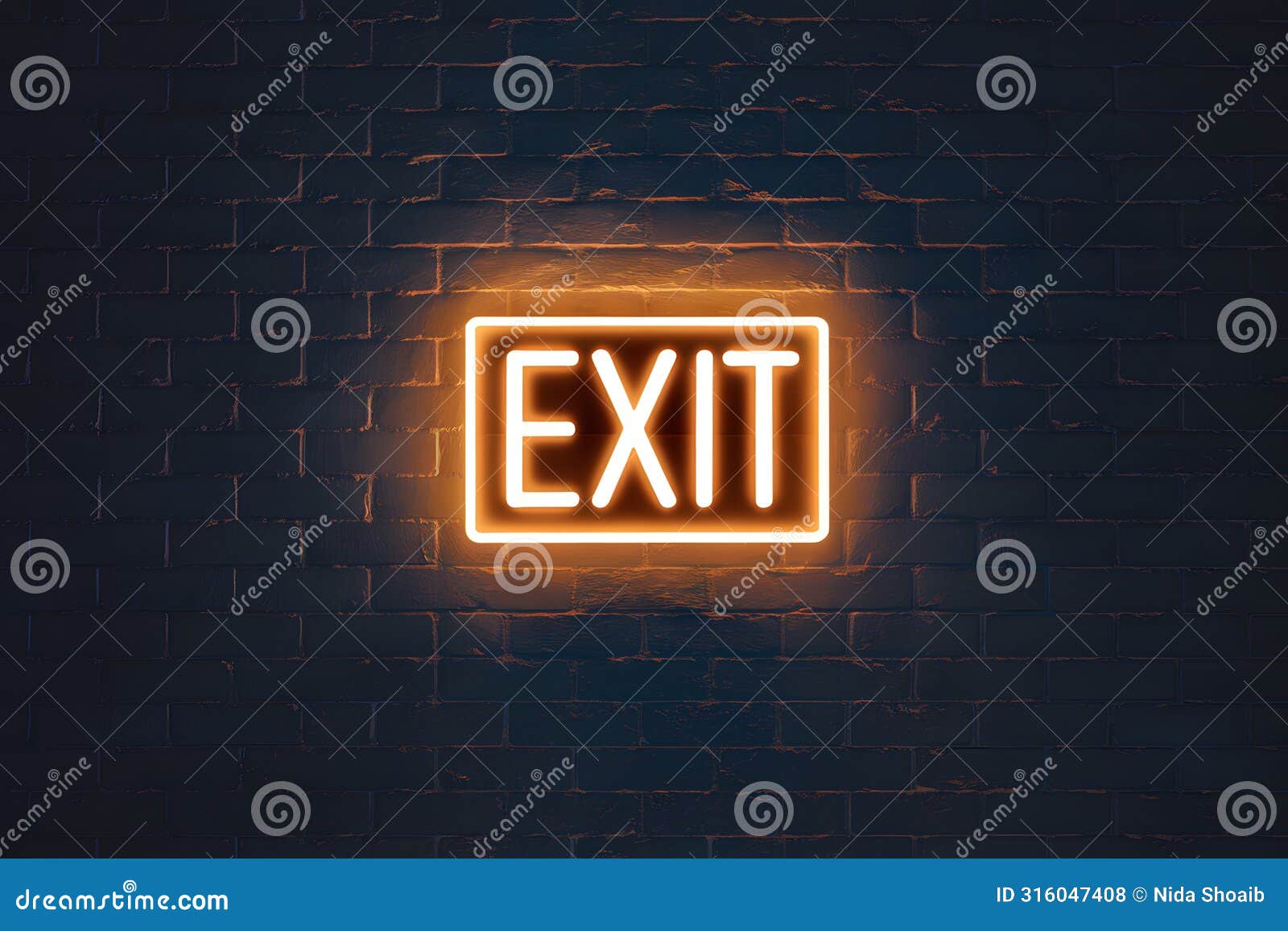 neon exit sign on dark brick wall creates stark contrast, guides way out