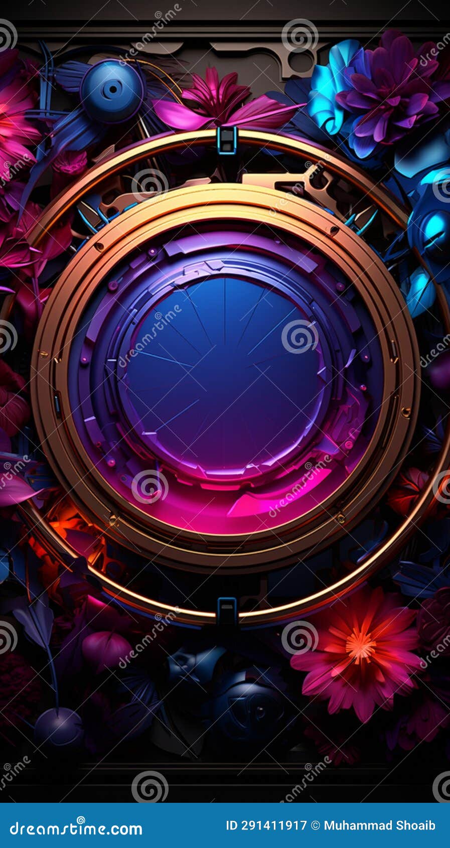 neon frame amidst steampunk gears, an intriguing blend of vintage and modern.