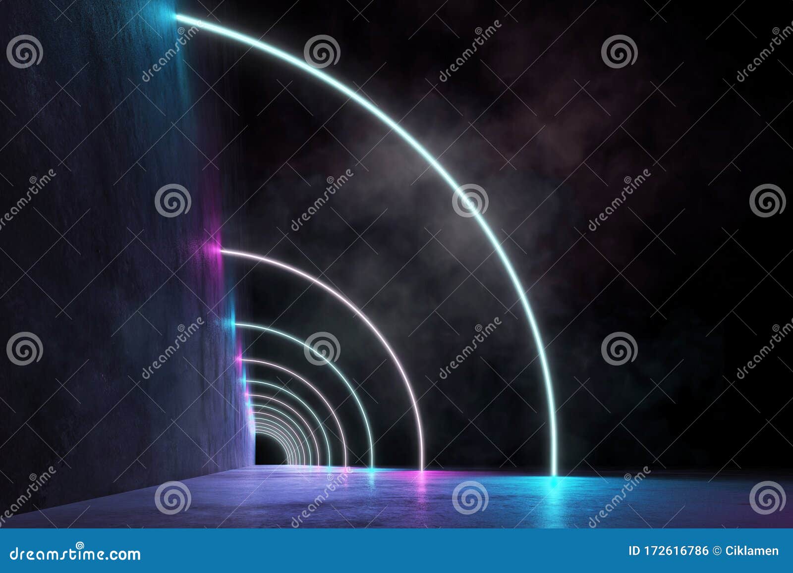 Neon Futuristic Arcs with Fluorescence and Smoke Stock Illustration ...