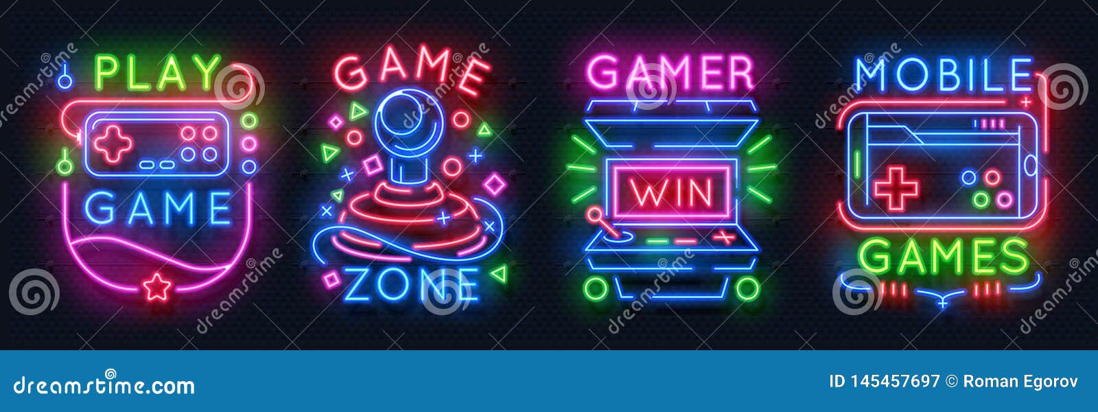 neon game signs. retro video games night light icons, gaming club emblems, arcade glowing posters.  game