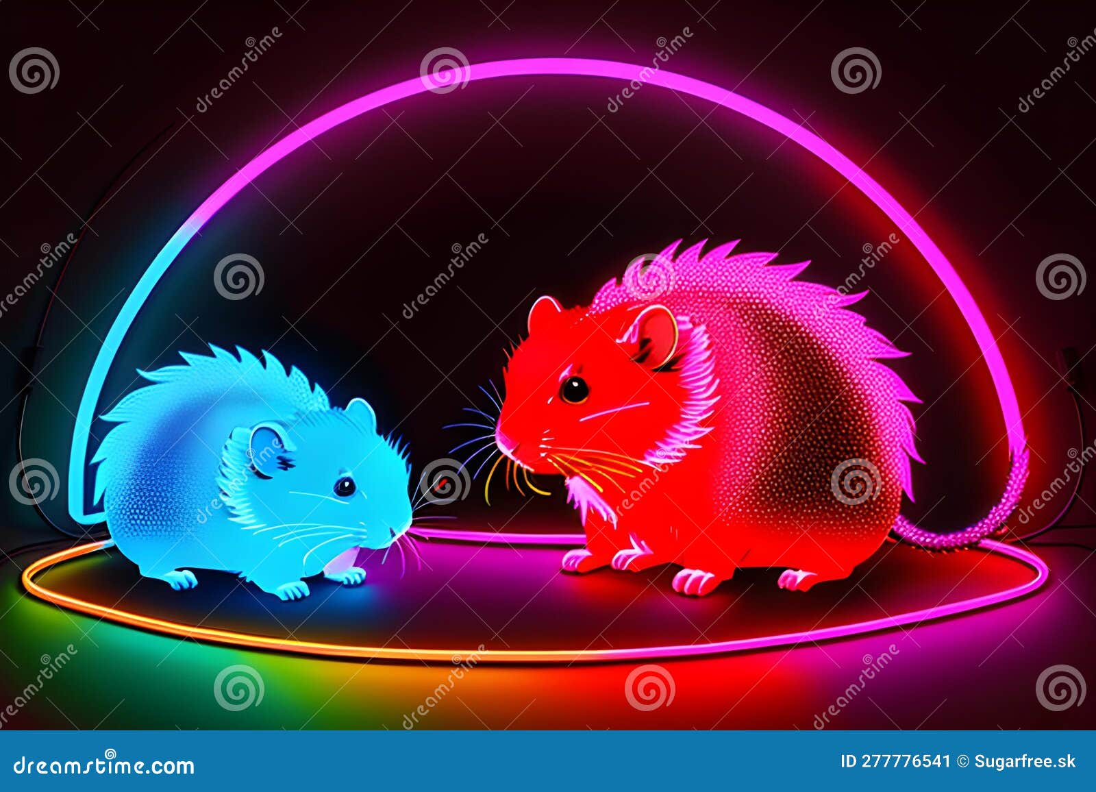 Neon Glowing Outlined Illustration of Colorful Gerbil, Mouse, Hamster