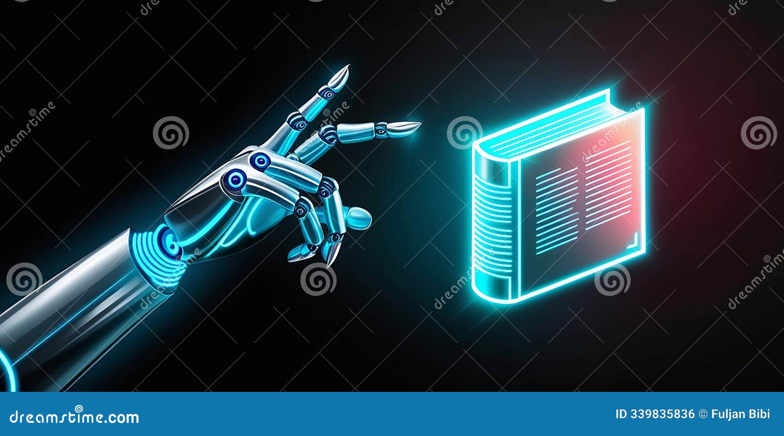 glowing robotic hand reaches towards a neon glowing book icon, illustrating ai's integration into knowledge management
