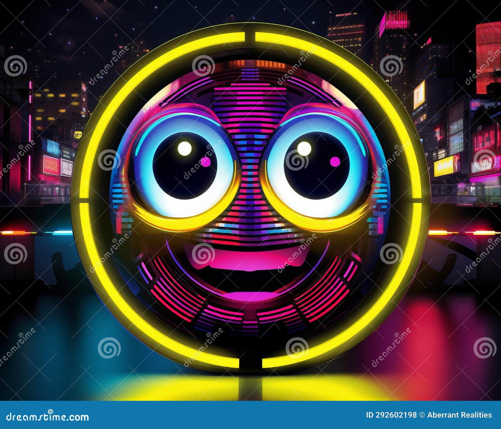 A Neon Glowing Smiley Face in the Middle of a City Stock Illustration