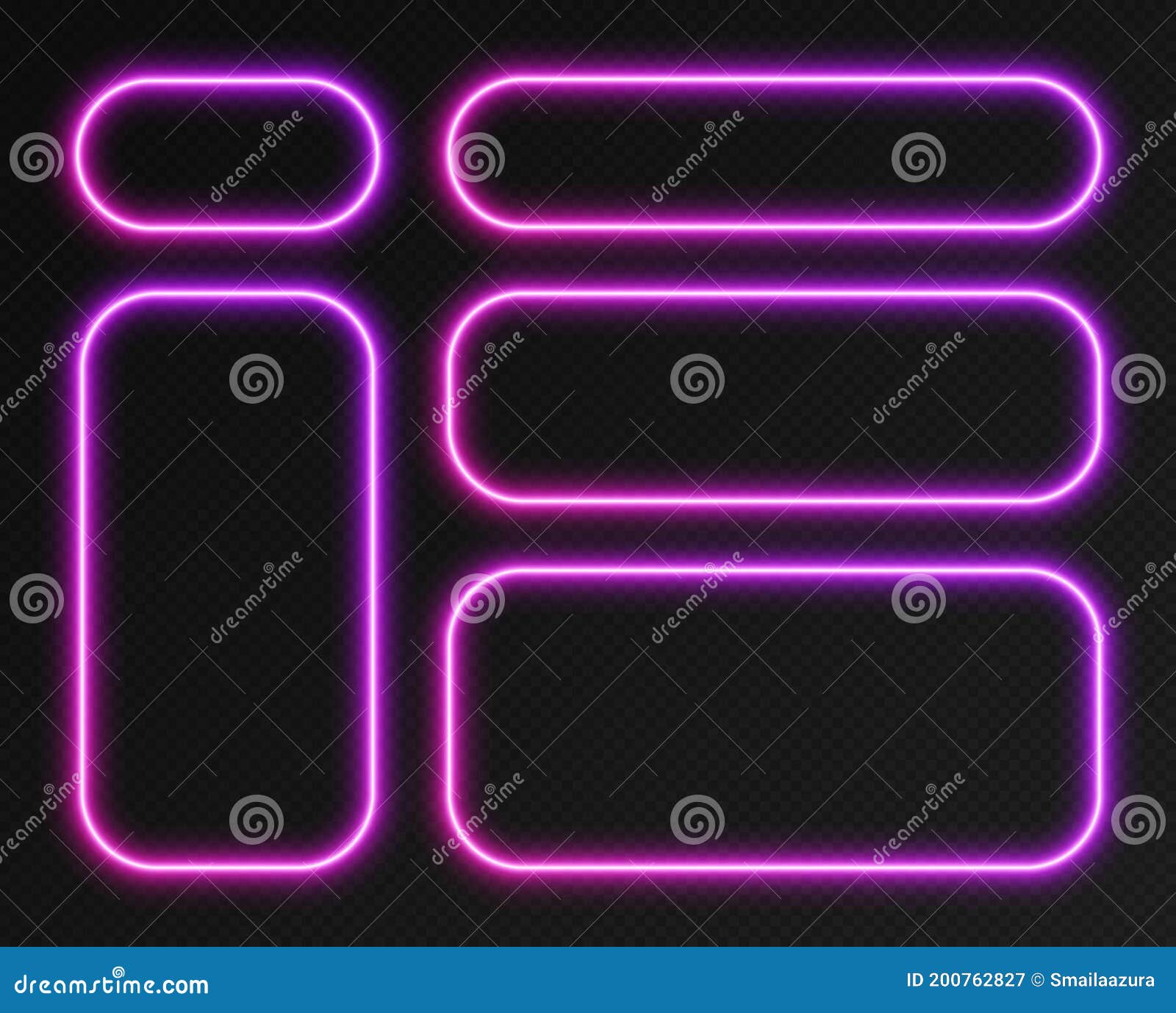 neon gradient frames set, collection of pink-purple glowing rounded rectangle borders. colorful illuminated banners.