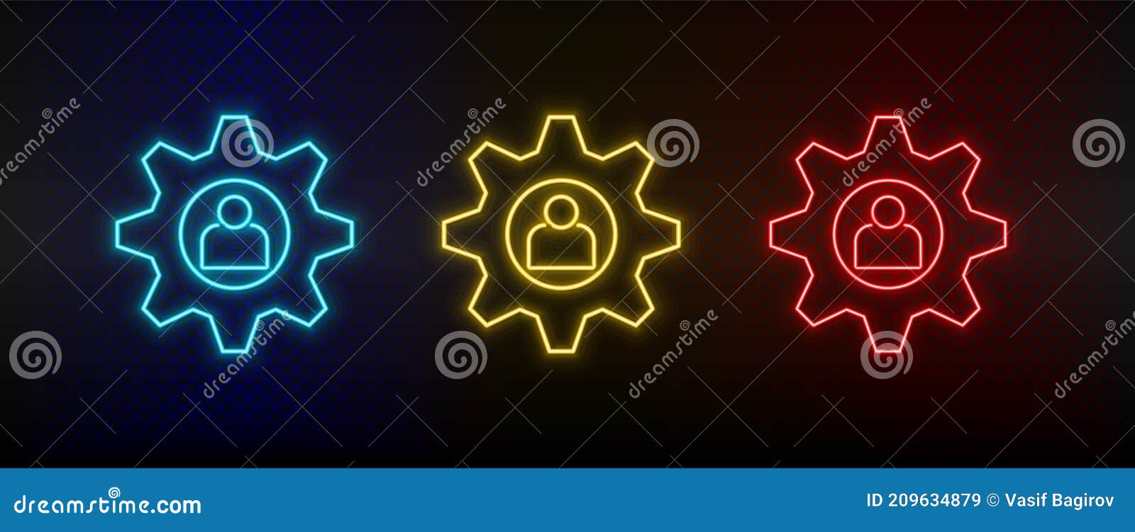 Neon Icon Set Setting, User. Set of Red, Blue, Yellow Neon Vector Icon