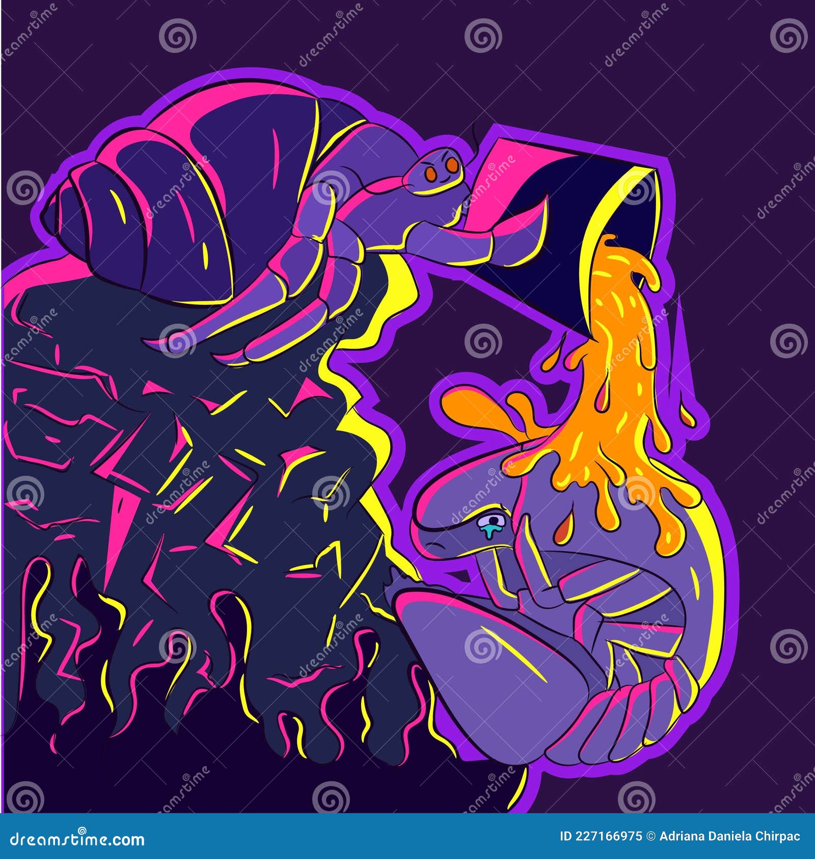 neon  of a malevolent hermit crab pouring a bucket of molten lava onto a balled up isopod.