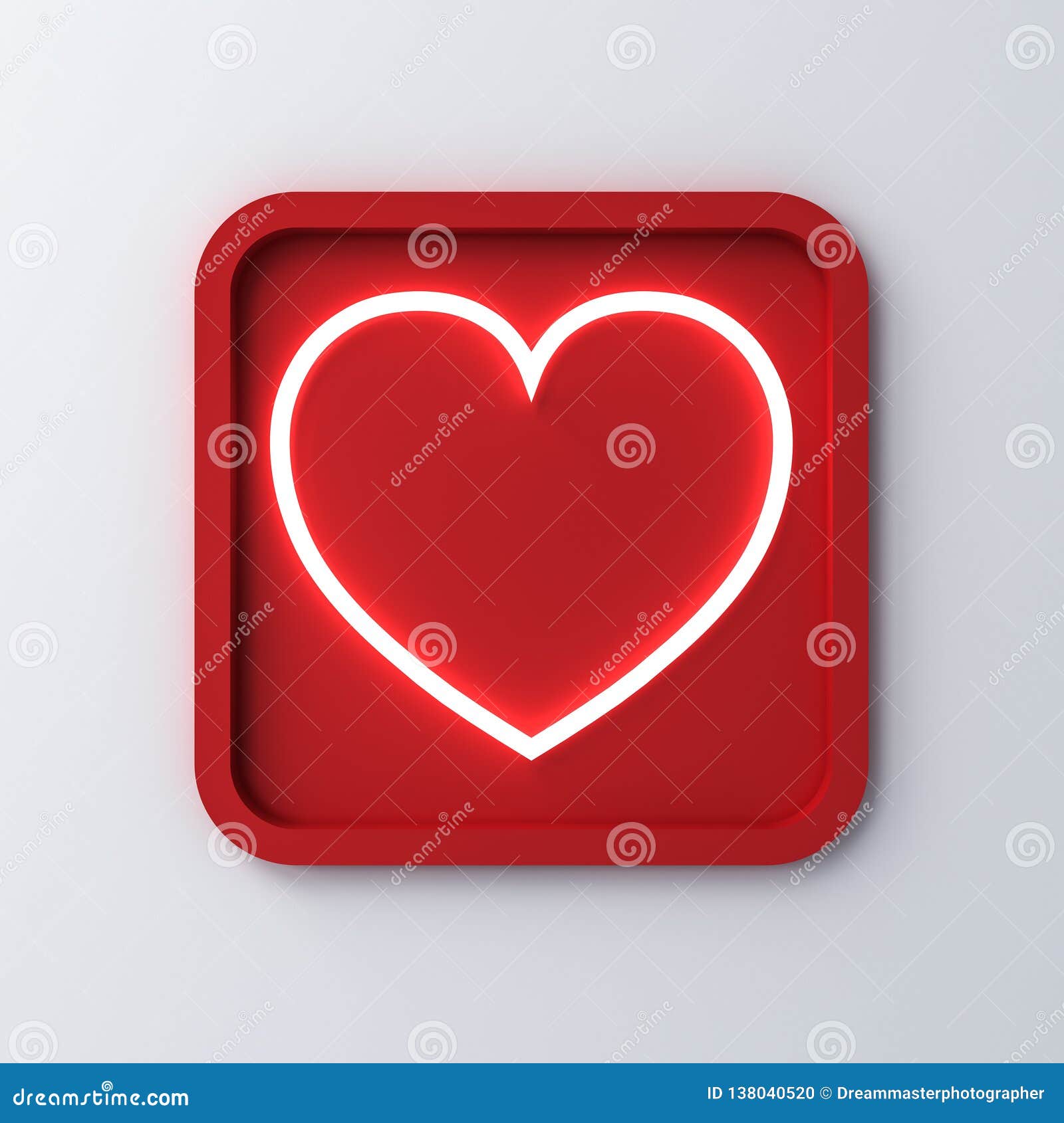 neon light heart in rounded square frame or love button  on white background with shadow for valentines day concept