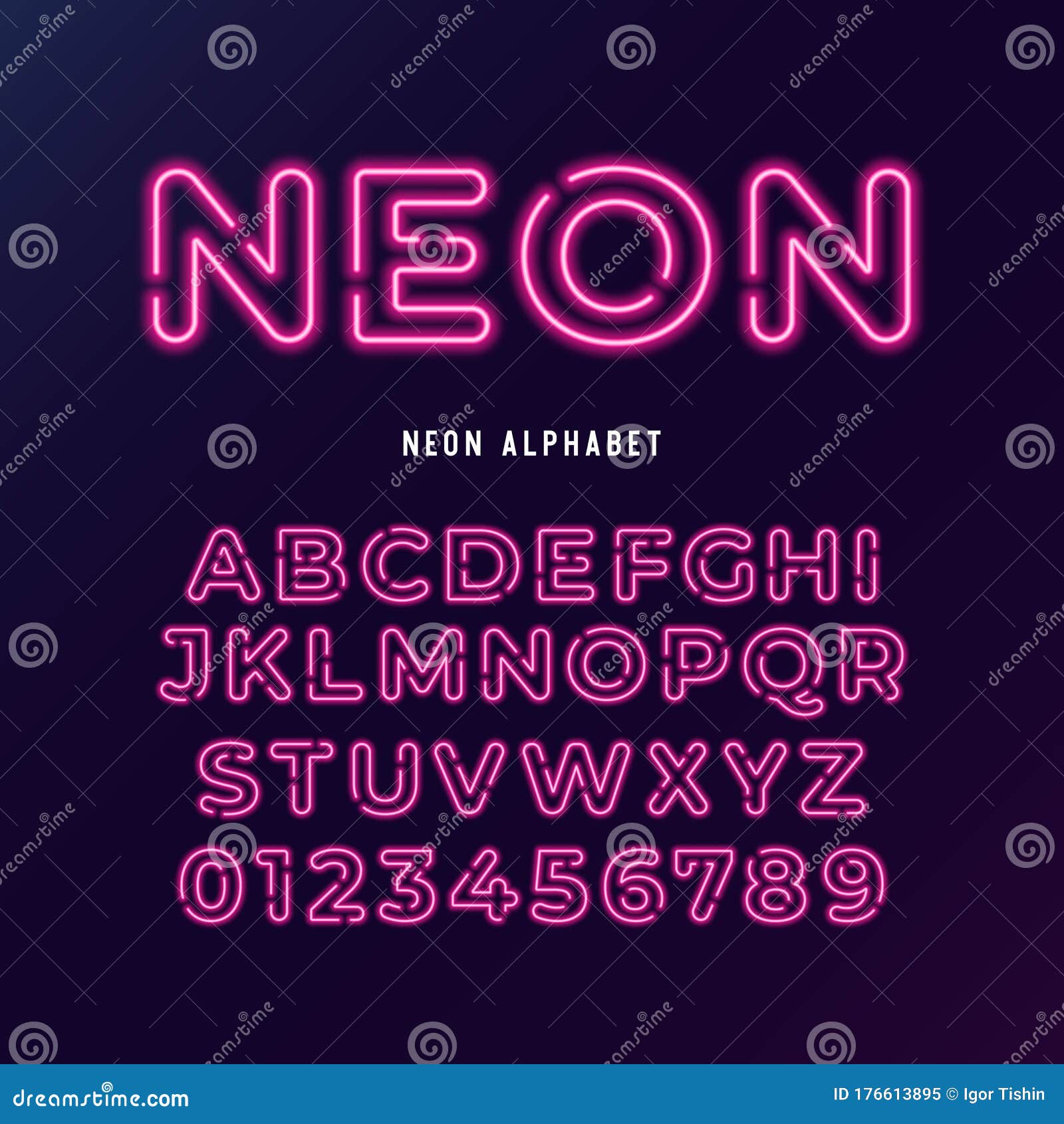 Neon Light Modern Font. Neon Tube Letters and Numbers on Dark ...