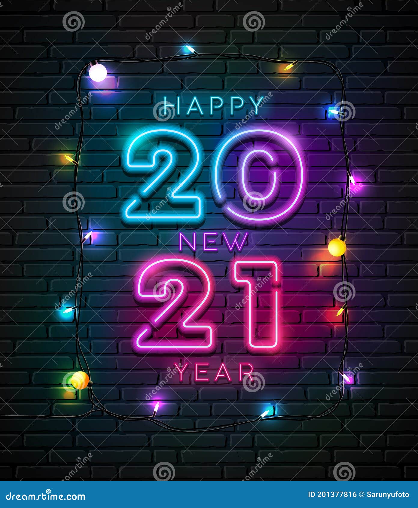 21 Neon Light Number Happy New Year And Colorful Bulb Light At Night Design On Block Wall Black Background Stock Vector Illustration Of Year Vector