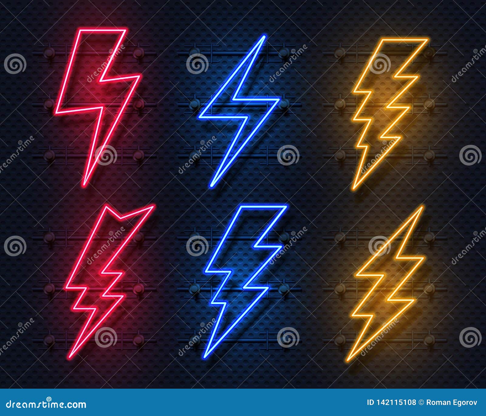 neon lightning bolt. glowing electric flash sign, thunderbolt electricity power icons.  lightning on black