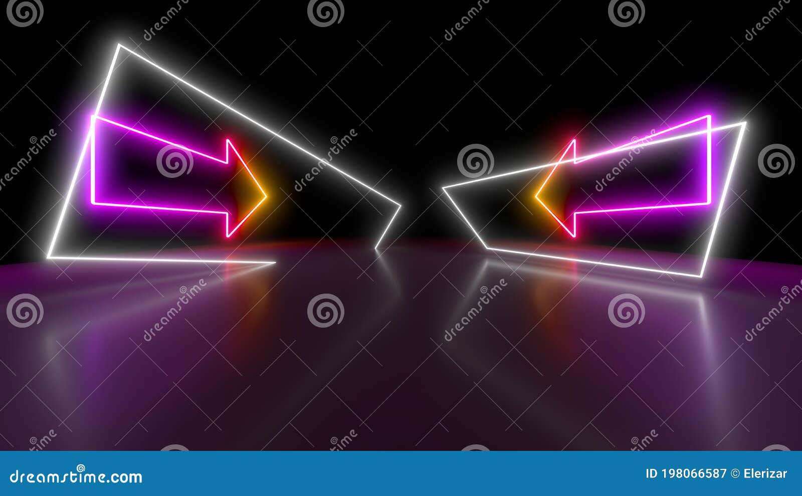 Neon Lights on a Black Background. Reflections on the Floor. 3d