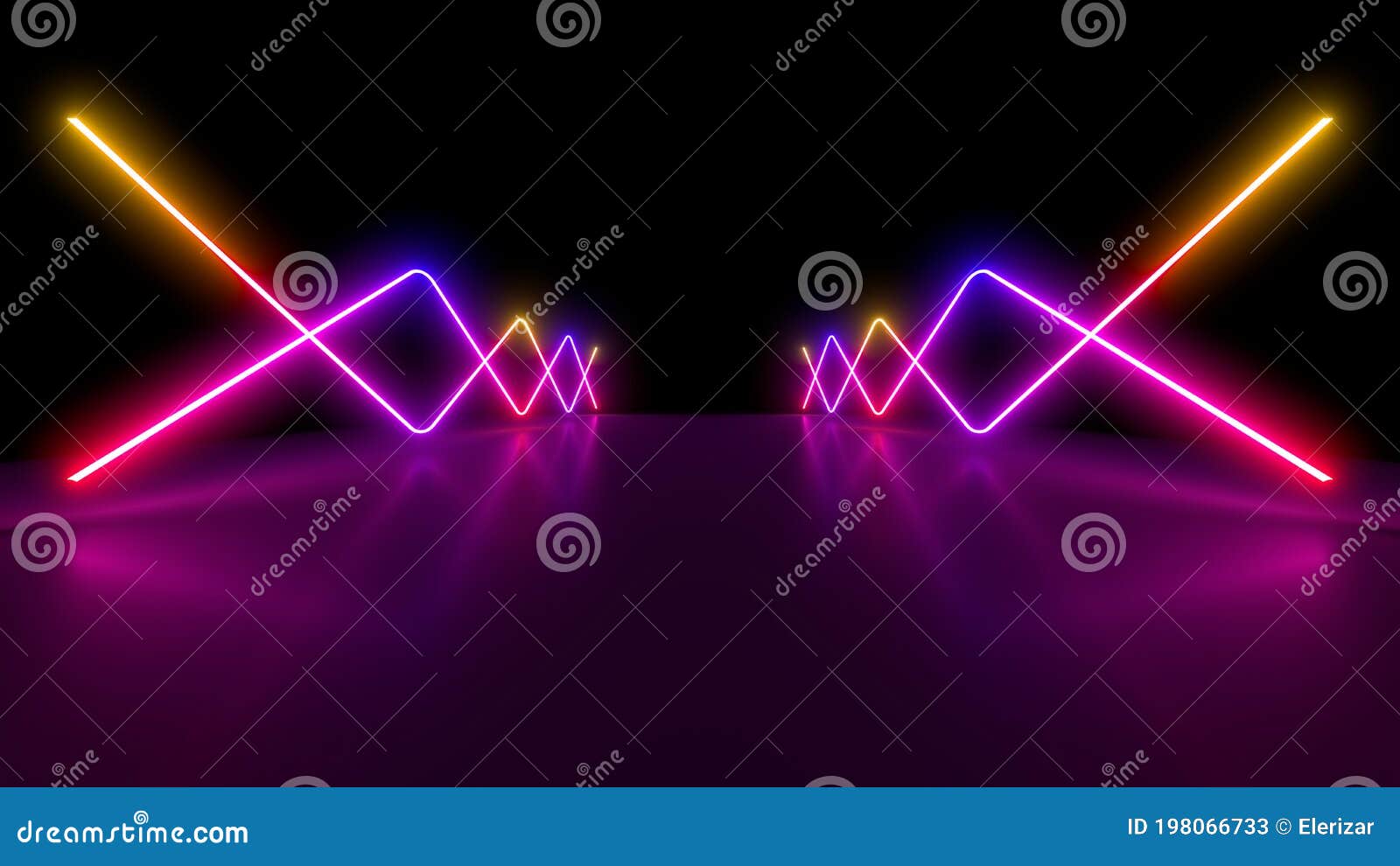 Neon Lights on a Black Background. Reflections on the Floor. 3d