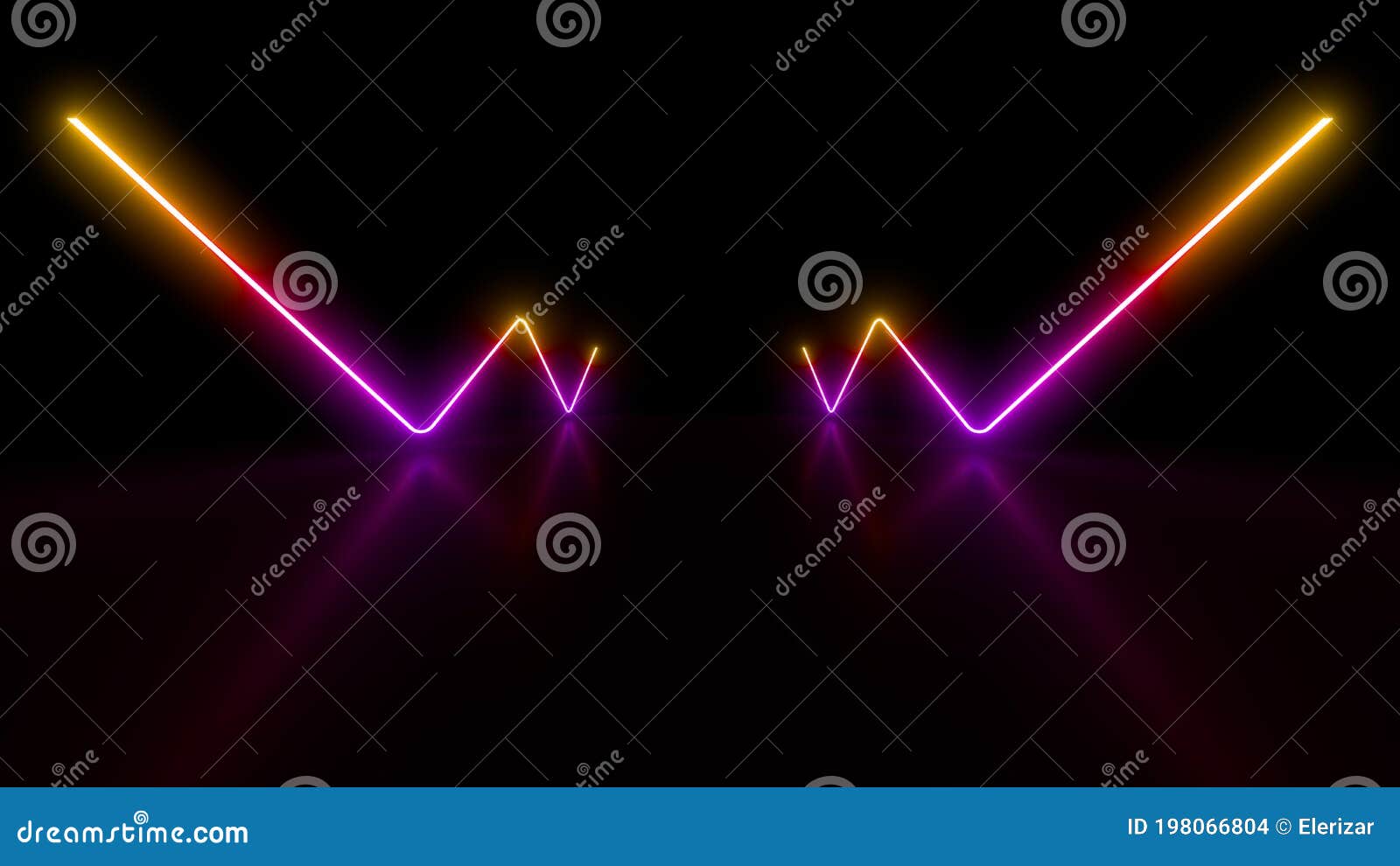 Neon Lights on a Black Background. Reflections on the Floor. 3d